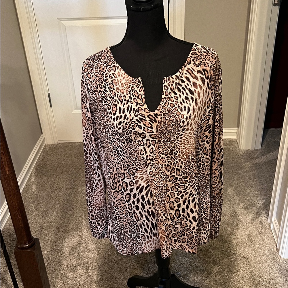Faded Glory Leopard Print Long Sleeve Blouse in Tan and Black